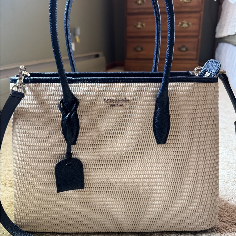 kate spade Cream and Black Straw Tote with Leather Trim